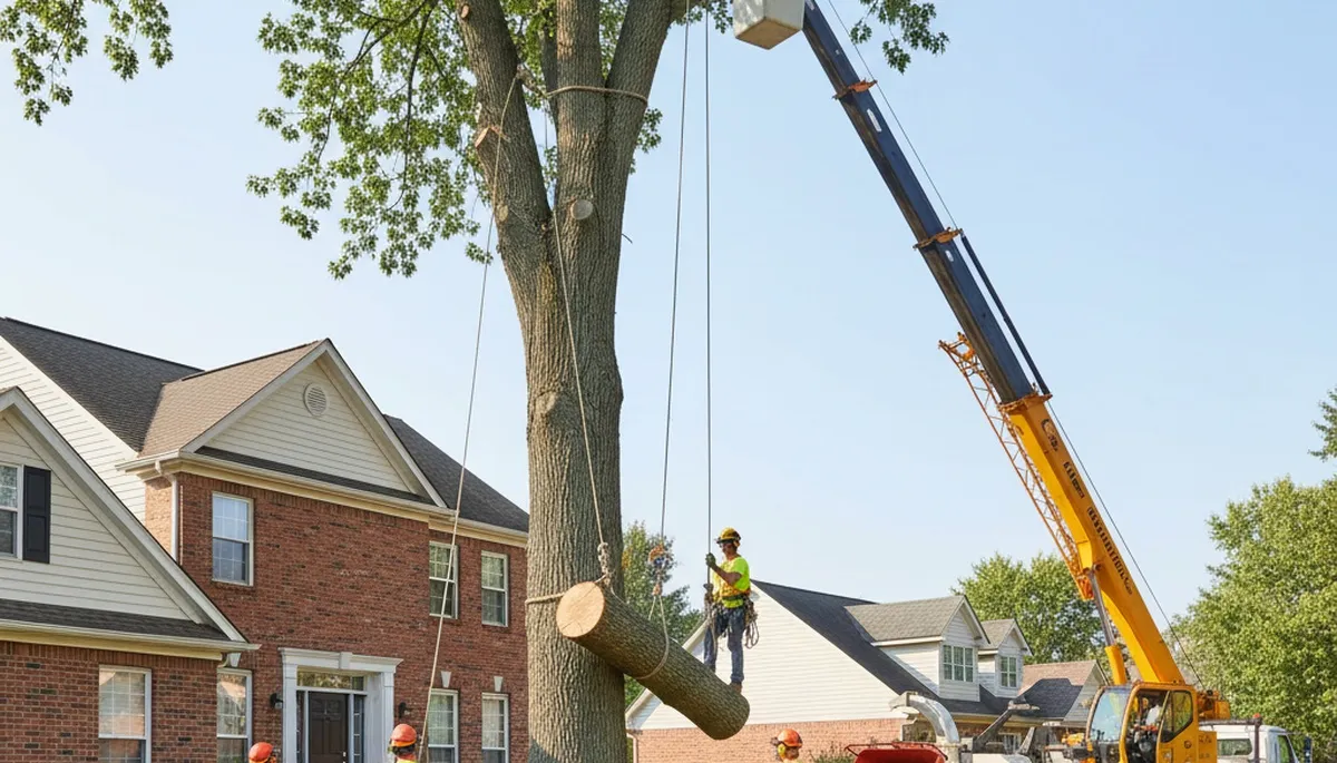 Arborists performing large tree removal with bucket truck in Getzville, Buffalo NY residential area