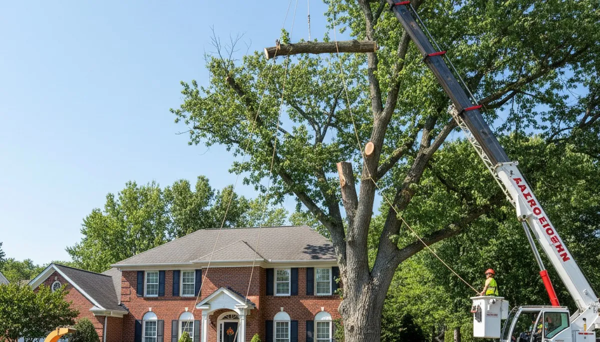 Arborists using bucket truck for large tree removal in Lancaster, Buffalo NY neighborhood homes